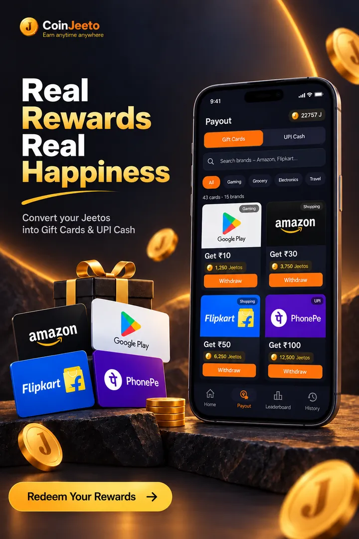 CoinJeeto gift card catalogue with Google Play, Amazon, Flipkart and PhonePe cards and their Jeeto prices