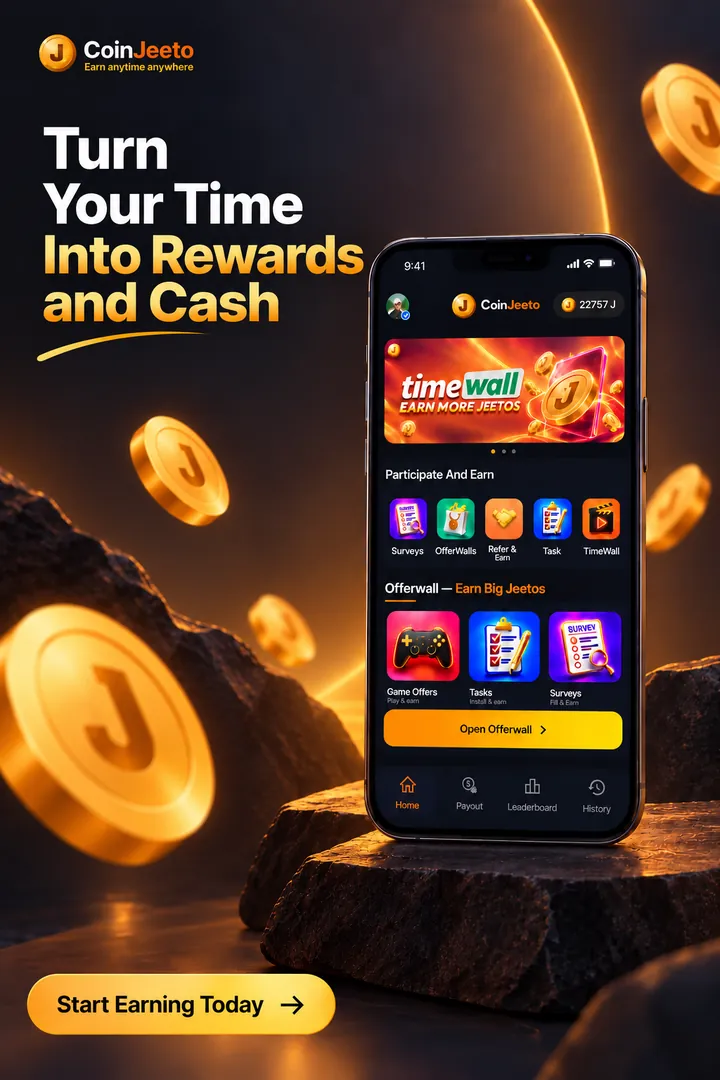 CoinJeeto home screen with Surveys, Offerwalls, Refer & Earn, Tasks and the Jeeto balance
