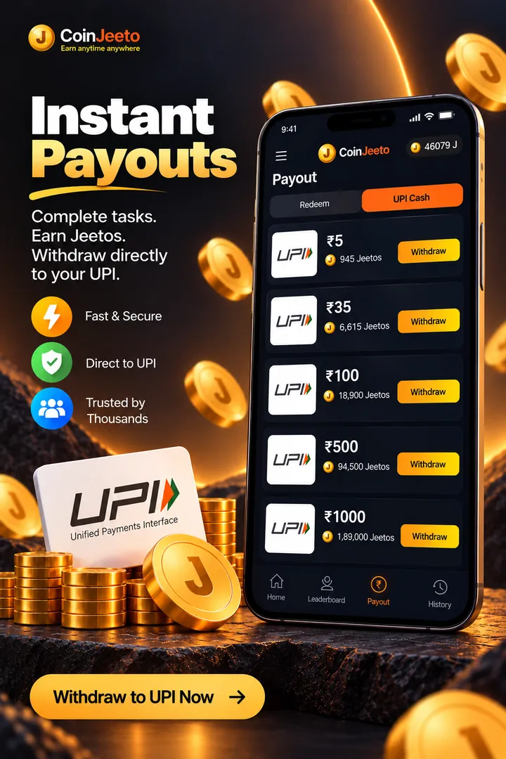 CoinJeeto UPI Cash screen showing withdrawal amounts from ₹5 to ₹1,000 and their Jeeto cost